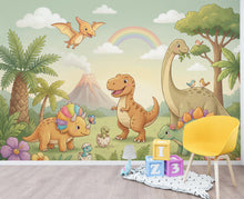 Load image into Gallery viewer, Dinosaur Nursery Wallpaper, Hand Painted Jungle Dinosaurs Wall Mural, Neutral Kids Room Wallpaper, Soft Watercolor Baby Room Decor 415DE
