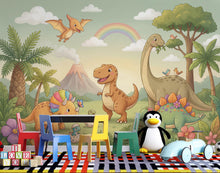 Load image into Gallery viewer, Dinosaur Nursery Wallpaper, Hand Painted Jungle Dinosaurs Wall Mural, Neutral Kids Room Wallpaper, Soft Watercolor Baby Room Decor 415DE