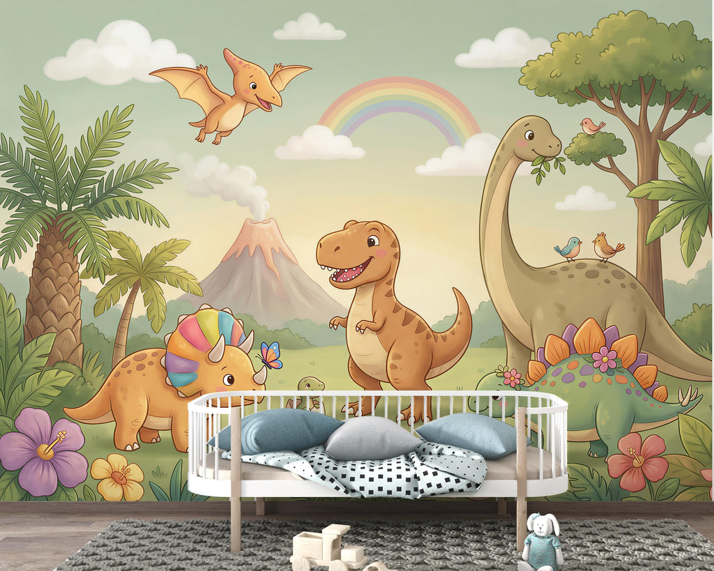 Dinosaur Nursery Wallpaper, Hand Painted Jungle Dinosaurs Wall Mural, Neutral Kids Room Wallpaper, Soft Watercolor Baby Room Decor 415DE
