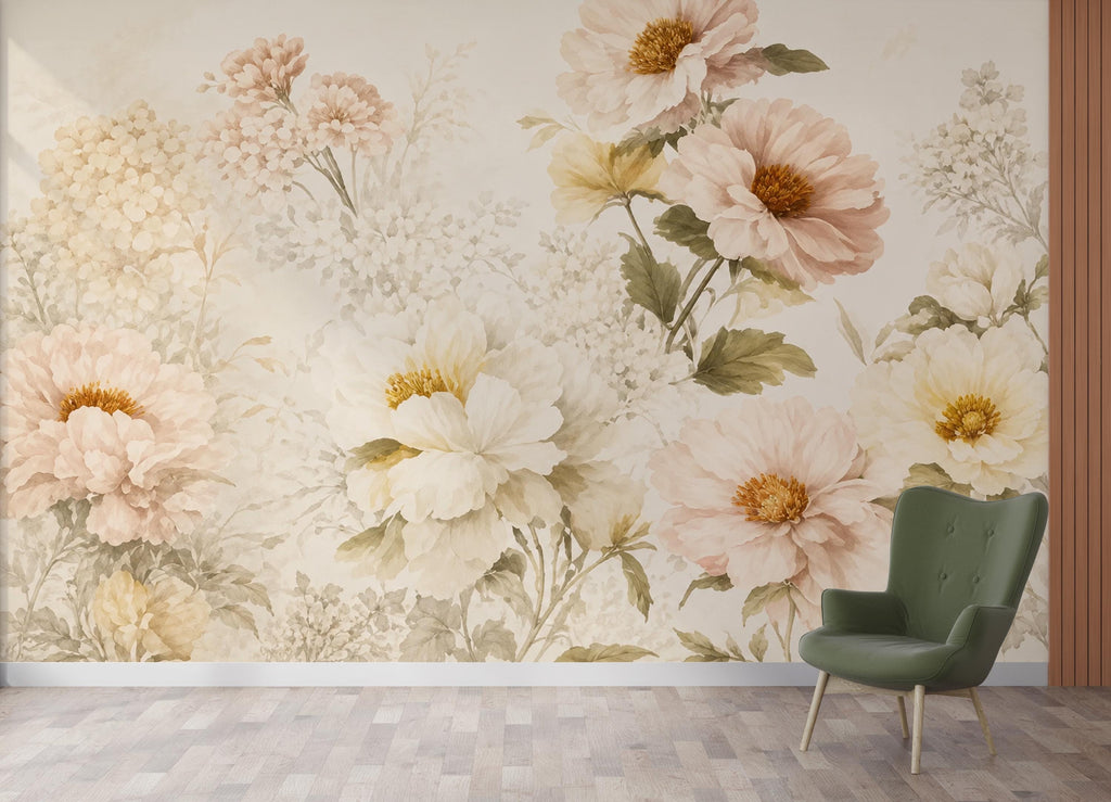 Blush Floral Wallpaper Peel and Stick, Vintage Peony Wall Mural, Neutral Botanical Wallpaper, Romantic Bedroom Decor, Flower Wall Art 832LU