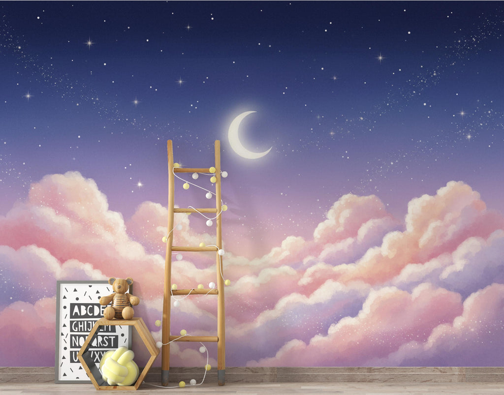 Pastel Clouds Night Sky Wallpaper – Celestial Nursery Moon Stars Mural 416DE