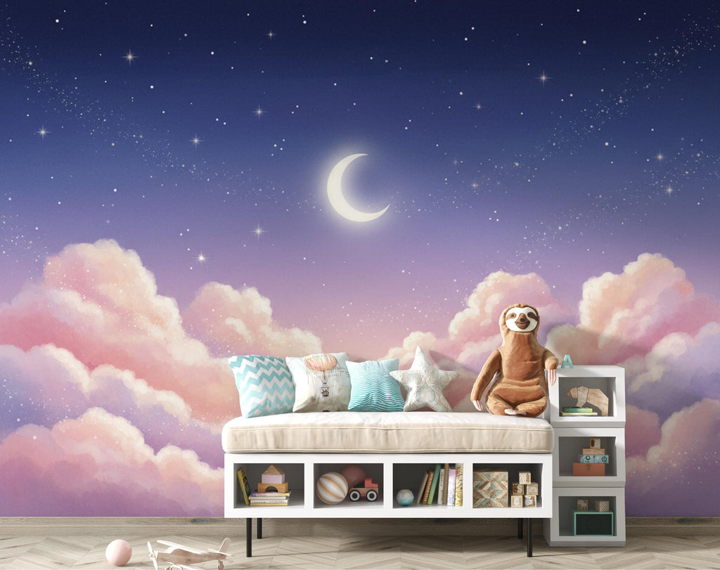 Pastel Clouds Night Sky Wallpaper – Celestial Nursery Moon Stars Mural 416DE