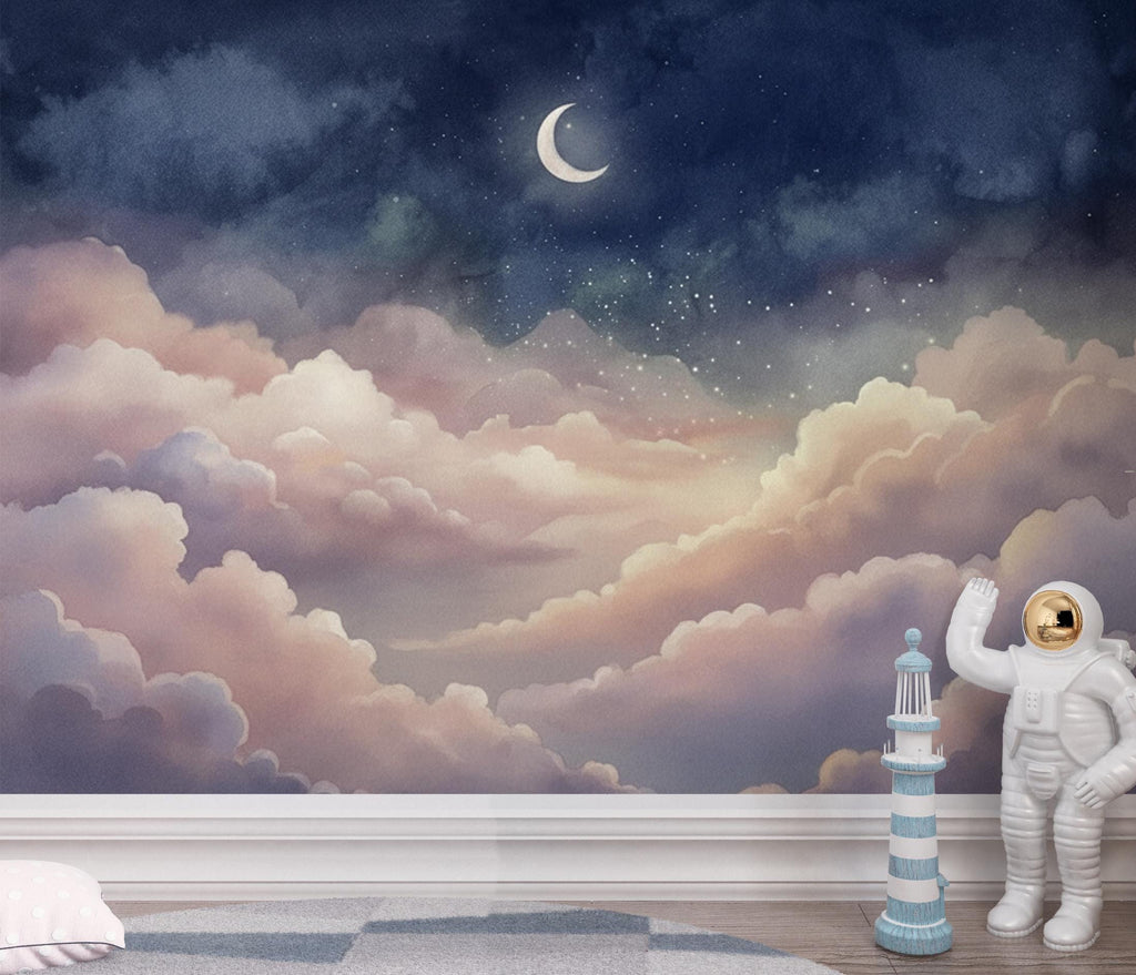 Dreamy Night Sky Wallpaper - Pastel Clouds and Moon Stars - Celestial Nursery Wall Mural - Whimsical Bedroom Wallpaper 417DE