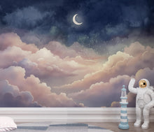 Load image into Gallery viewer, Dreamy Night Sky Wallpaper - Pastel Clouds and Moon Stars - Celestial Nursery Wall Mural - Whimsical Bedroom Wallpaper 417DE