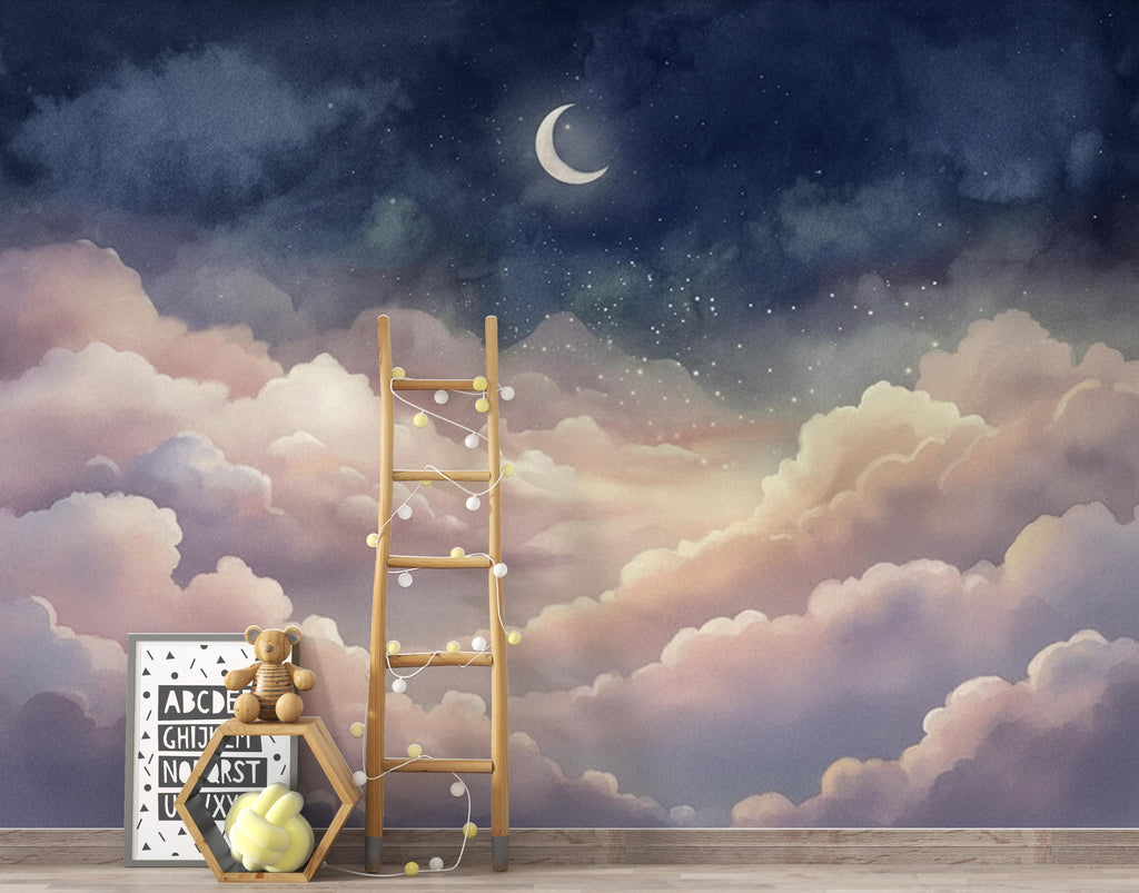 Dreamy Night Sky Wallpaper - Pastel Clouds and Moon Stars - Celestial Nursery Wall Mural - Whimsical Bedroom Wallpaper 417DE