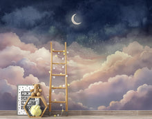 Load image into Gallery viewer, Dreamy Night Sky Wallpaper - Pastel Clouds and Moon Stars - Celestial Nursery Wall Mural - Whimsical Bedroom Wallpaper 417DE