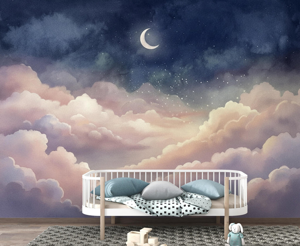 Dreamy Night Sky Wallpaper - Pastel Clouds and Moon Stars - Celestial Nursery Wall Mural - Whimsical Bedroom Wallpaper 417DE