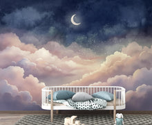 Load image into Gallery viewer, Dreamy Night Sky Wallpaper - Pastel Clouds and Moon Stars - Celestial Nursery Wall Mural - Whimsical Bedroom Wallpaper 417DE