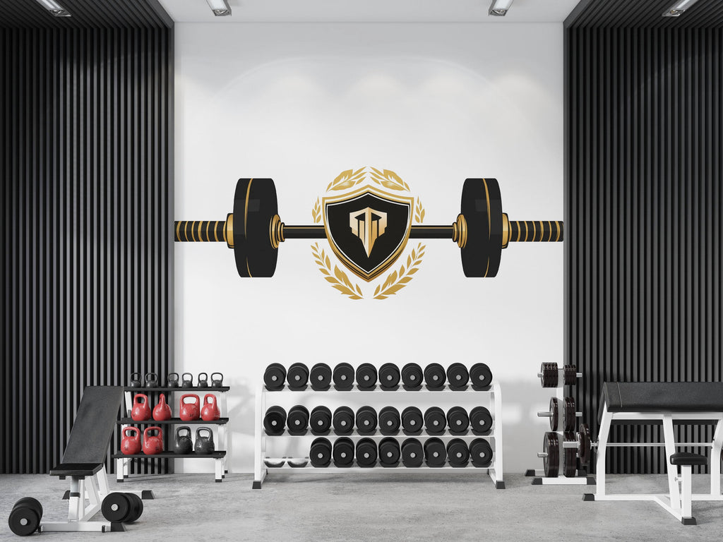 Luxury Gym Wall Decal Barbell Shield Fitness Wall Art Modern Home Gym Vinyl Sticker Workout Room Sports Wall Mural Gym Decor