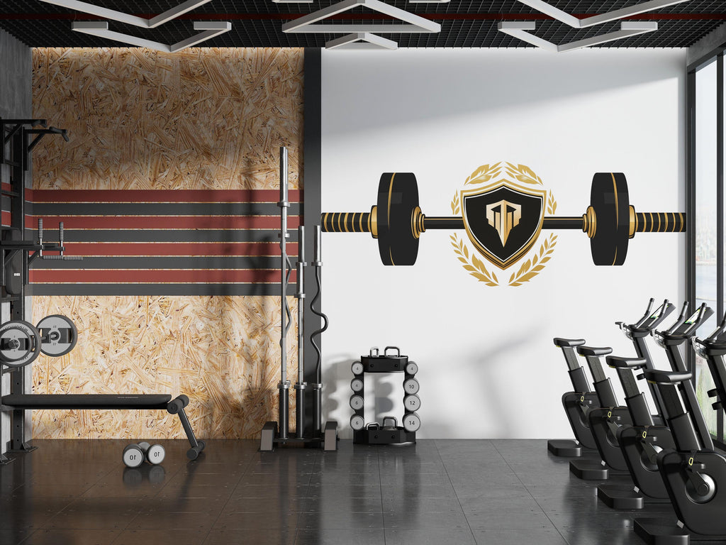 Luxury Gym Wall Decal Barbell Shield Fitness Wall Art Modern Home Gym Vinyl Sticker Workout Room Sports Wall Mural Gym Decor