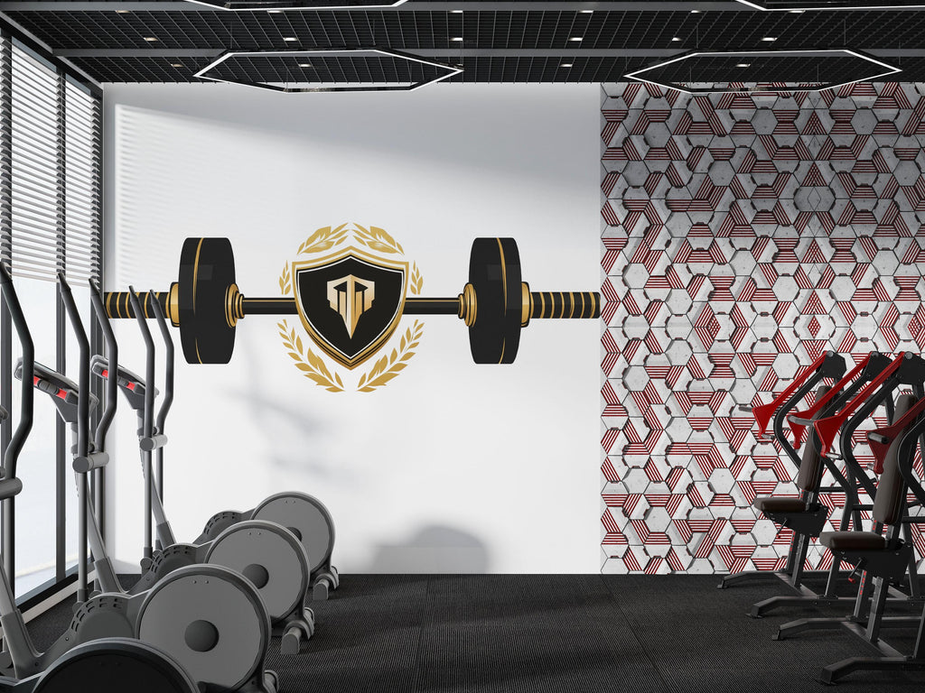 Luxury Gym Wall Decal Barbell Shield Fitness Wall Art Modern Home Gym Vinyl Sticker Workout Room Sports Wall Mural Gym Decor