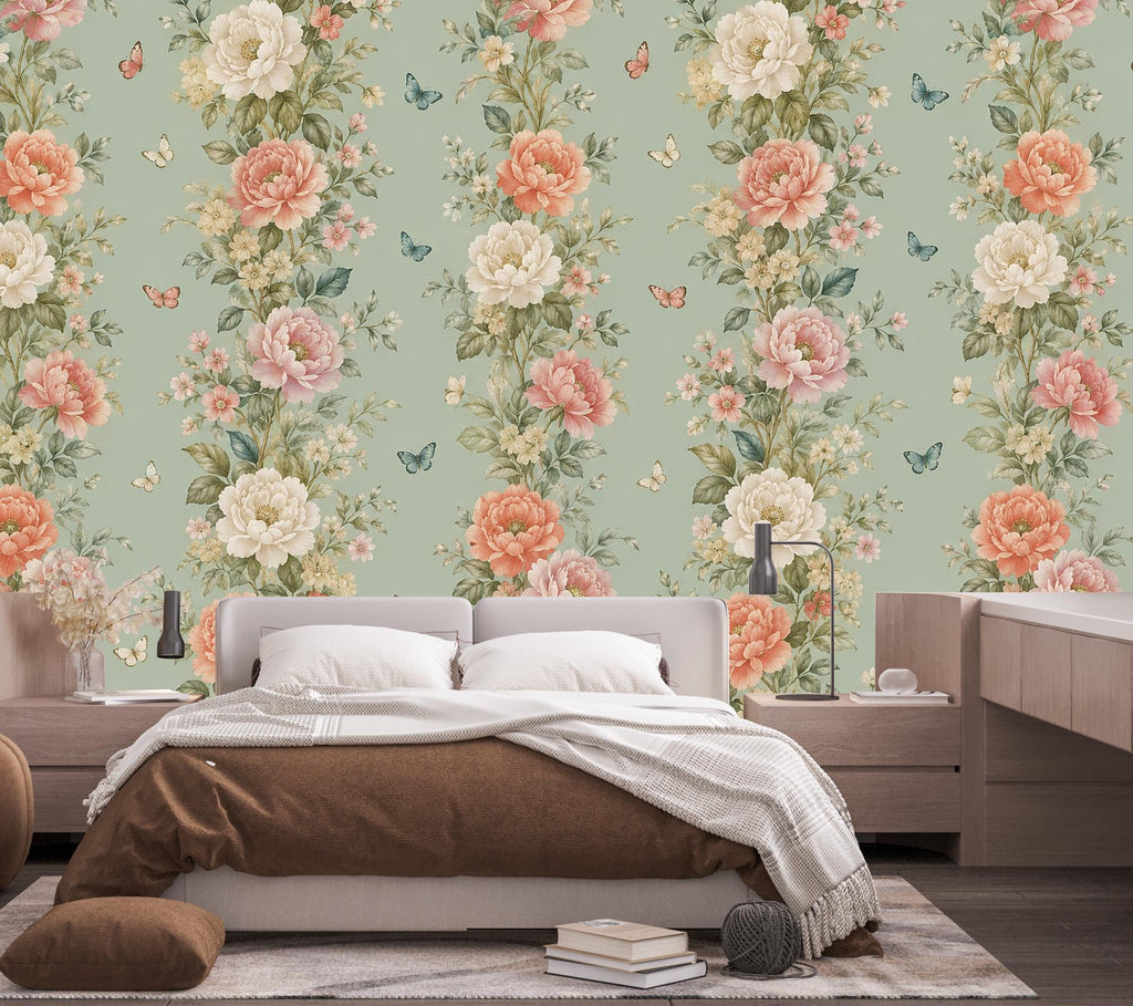 Vintage Floral Wallpaper, Botanical Wall Mural, Cottagecore Flower Wallpaper, Peony Garden Bedroom Decor, Peel and Stick 857LU