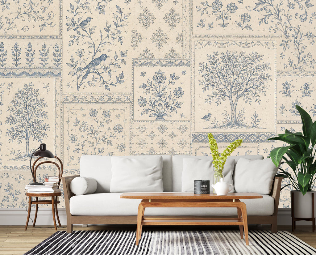 Vintage Blue Floral Wallpaper, Toile Botanical Wall Mural, Cottagecore Patchwork Wallpaper, Farmhouse Decor, Peel & Stick 858LU
