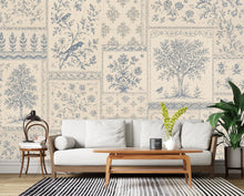 Load image into Gallery viewer, Vintage Blue Floral Wallpaper, Toile Botanical Wall Mural, Cottagecore Patchwork Wallpaper, Farmhouse Decor, Peel &amp; Stick 858LU