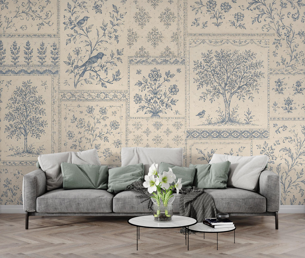 Vintage Blue Floral Wallpaper, Toile Botanical Wall Mural, Cottagecore Patchwork Wallpaper, Farmhouse Decor, Peel & Stick 858LU