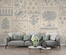 Load image into Gallery viewer, Vintage Blue Floral Wallpaper, Toile Botanical Wall Mural, Cottagecore Patchwork Wallpaper, Farmhouse Decor, Peel &amp; Stick 858LU