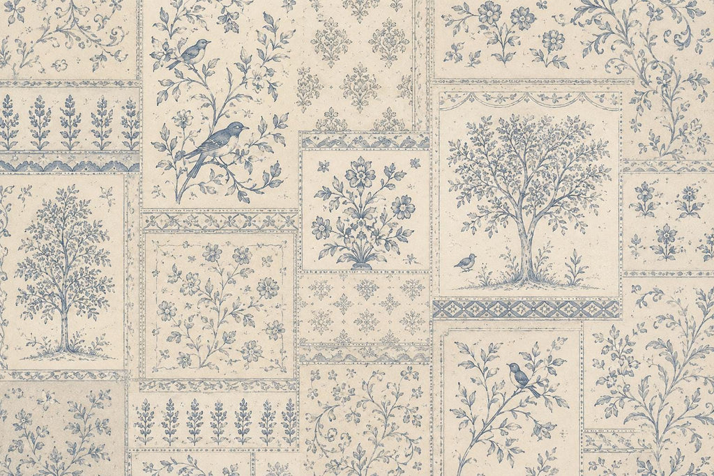 Vintage Blue Floral Wallpaper, Toile Botanical Wall Mural, Cottagecore Patchwork Wallpaper, Farmhouse Decor, Peel & Stick 858LU