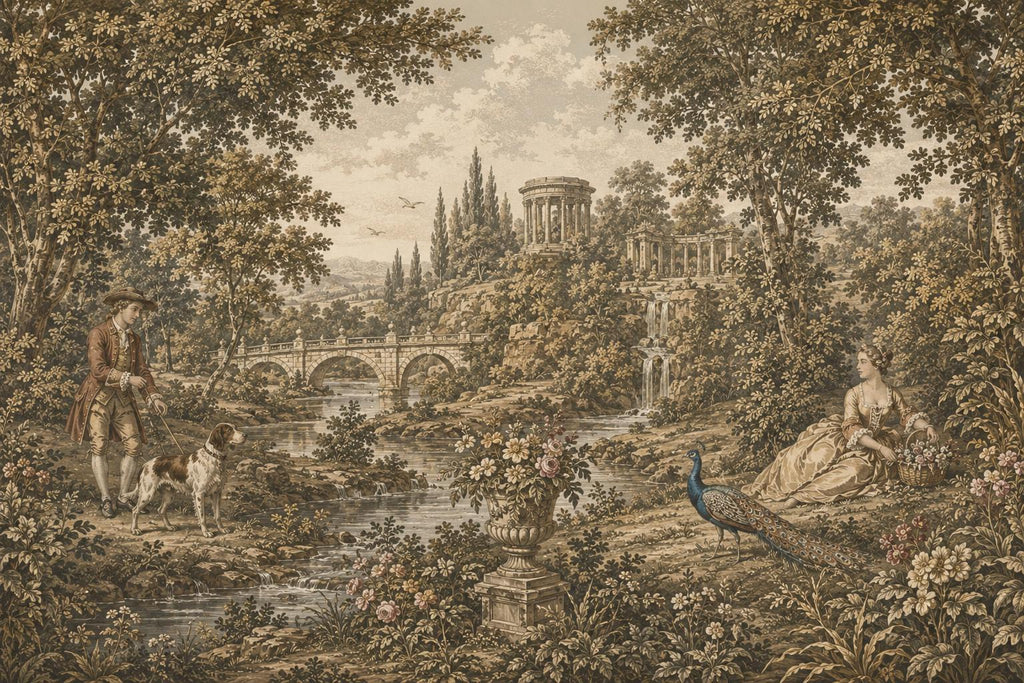 Vintage Pastoral Landscape Wallpaper Mural | Medieval Garden Wall Mural | Antique European Countryside Decor, Peel & Stick 859LU