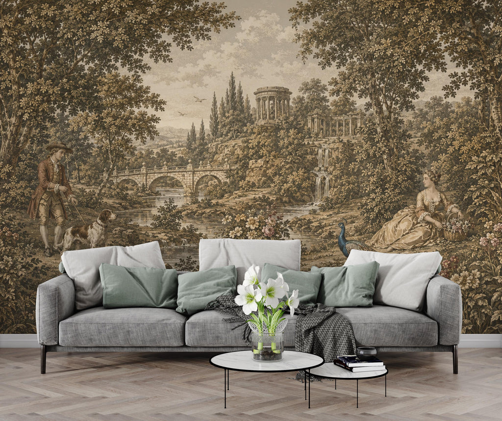 Vintage Pastoral Landscape Wallpaper Mural | Medieval Garden Wall Mural | Antique European Countryside Decor, Peel & Stick 859LU