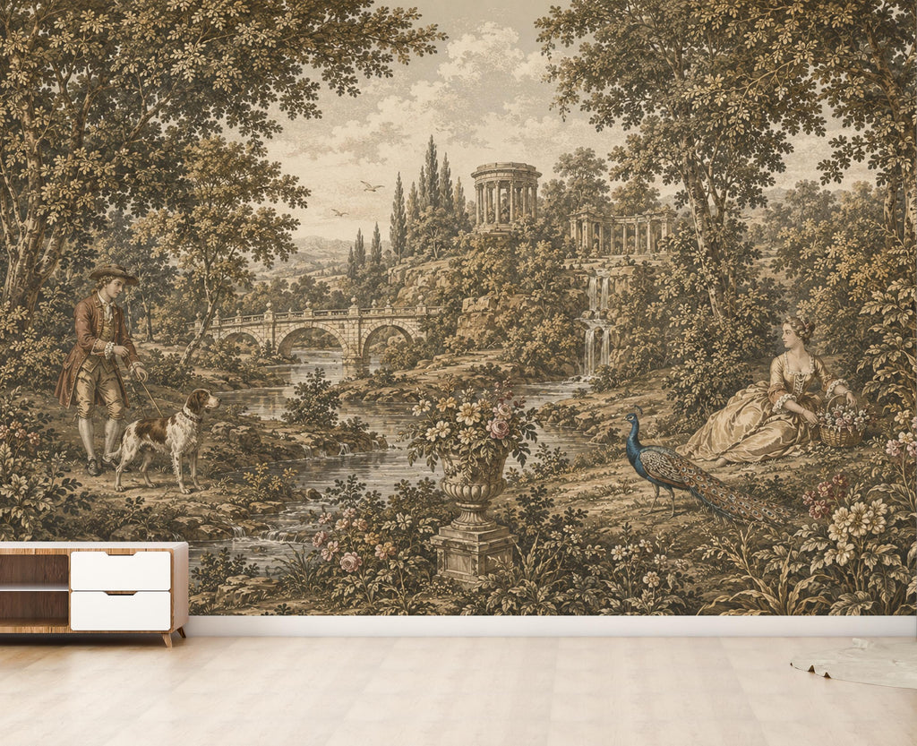 Vintage Pastoral Landscape Wallpaper Mural | Medieval Garden Wall Mural | Antique European Countryside Decor, Peel & Stick 859LU