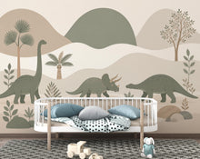 Load image into Gallery viewer, Dinosaur Wallpaper Peel and Stick, Neutral Dino Wall Mural, Kids Room Wallpaper, Jurassic Nursery Decor, Beige Green Dinosaur Wallpaper 834L