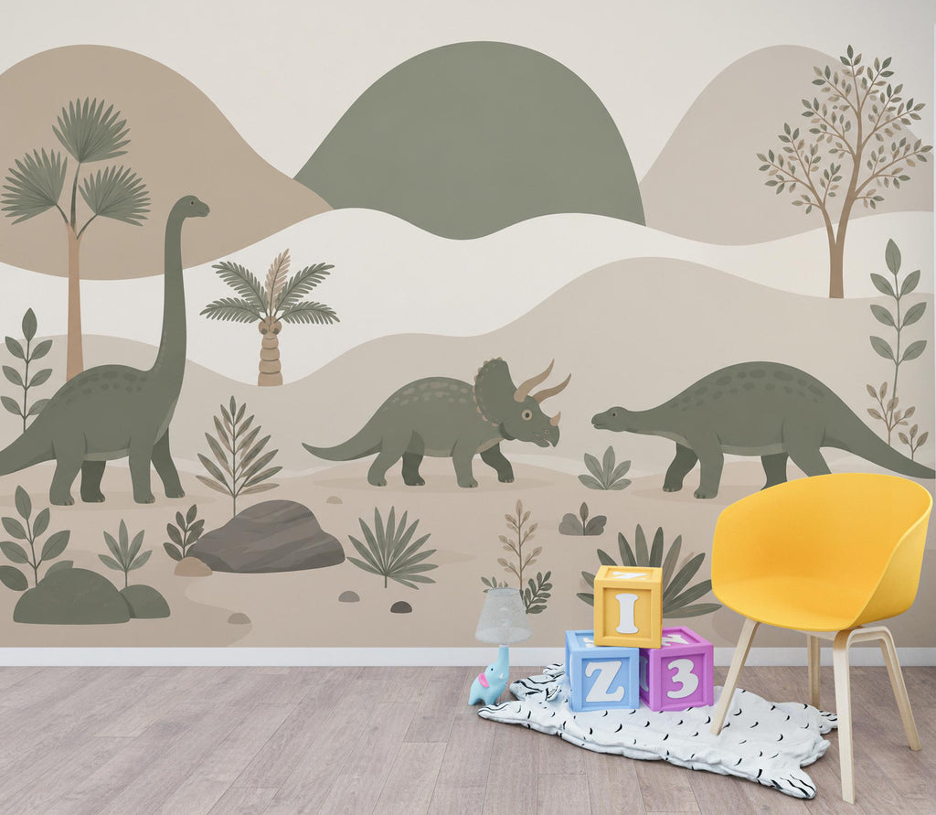 Dinosaur Wallpaper Peel and Stick, Neutral Dino Wall Mural, Kids Room Wallpaper, Jurassic Nursery Decor, Beige Green Dinosaur Wallpaper 834L