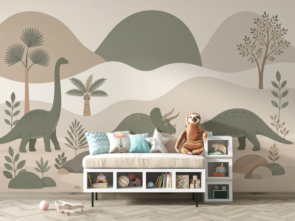 Dinosaur Wallpaper Peel and Stick, Neutral Dino Wall Mural, Kids Room Wallpaper, Jurassic Nursery Decor, Beige Green Dinosaur Wallpaper 834L