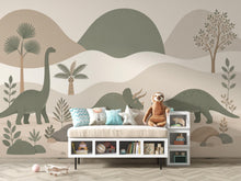 Load image into Gallery viewer, Dinosaur Wallpaper Peel and Stick, Neutral Dino Wall Mural, Kids Room Wallpaper, Jurassic Nursery Decor, Beige Green Dinosaur Wallpaper 834L