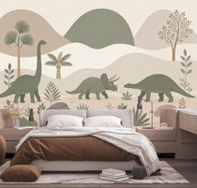 Load image into Gallery viewer, Dinosaur Wallpaper Peel and Stick, Neutral Dino Wall Mural, Kids Room Wallpaper, Jurassic Nursery Decor, Beige Green Dinosaur Wallpaper 834L