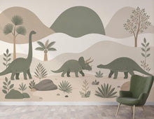 Load image into Gallery viewer, Dinosaur Wallpaper Peel and Stick, Neutral Dino Wall Mural, Kids Room Wallpaper, Jurassic Nursery Decor, Beige Green Dinosaur Wallpaper 834L