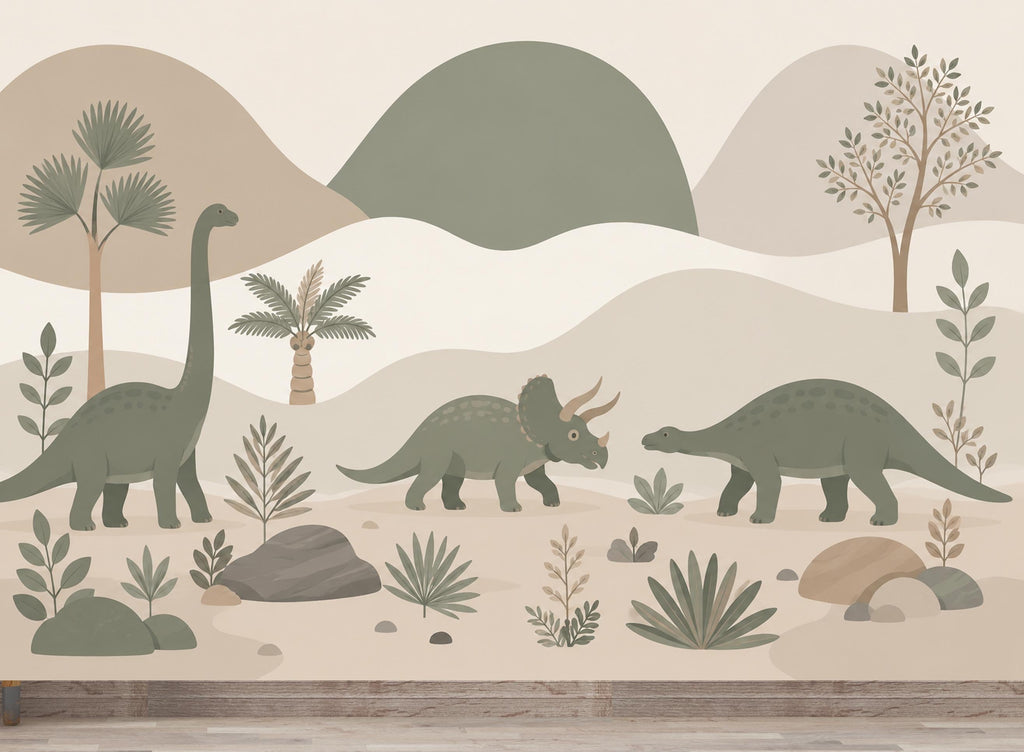 Dinosaur Wallpaper Peel and Stick, Neutral Dino Wall Mural, Kids Room Wallpaper, Jurassic Nursery Decor, Beige Green Dinosaur Wallpaper 834L