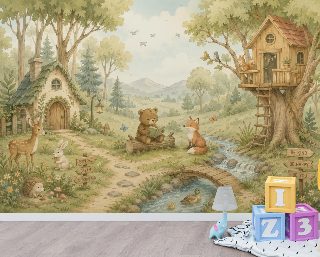 Woodland Nursery Wallpaper Peel and Stick, Forest Animal Wall Mural, Watercolor Kids Room Wallpaper, Whimsical Treehouse Wall Art 835LU