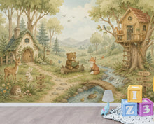 Load image into Gallery viewer, Woodland Nursery Wallpaper Peel and Stick, Forest Animal Wall Mural, Watercolor Kids Room Wallpaper, Whimsical Treehouse Wall Art 835LU