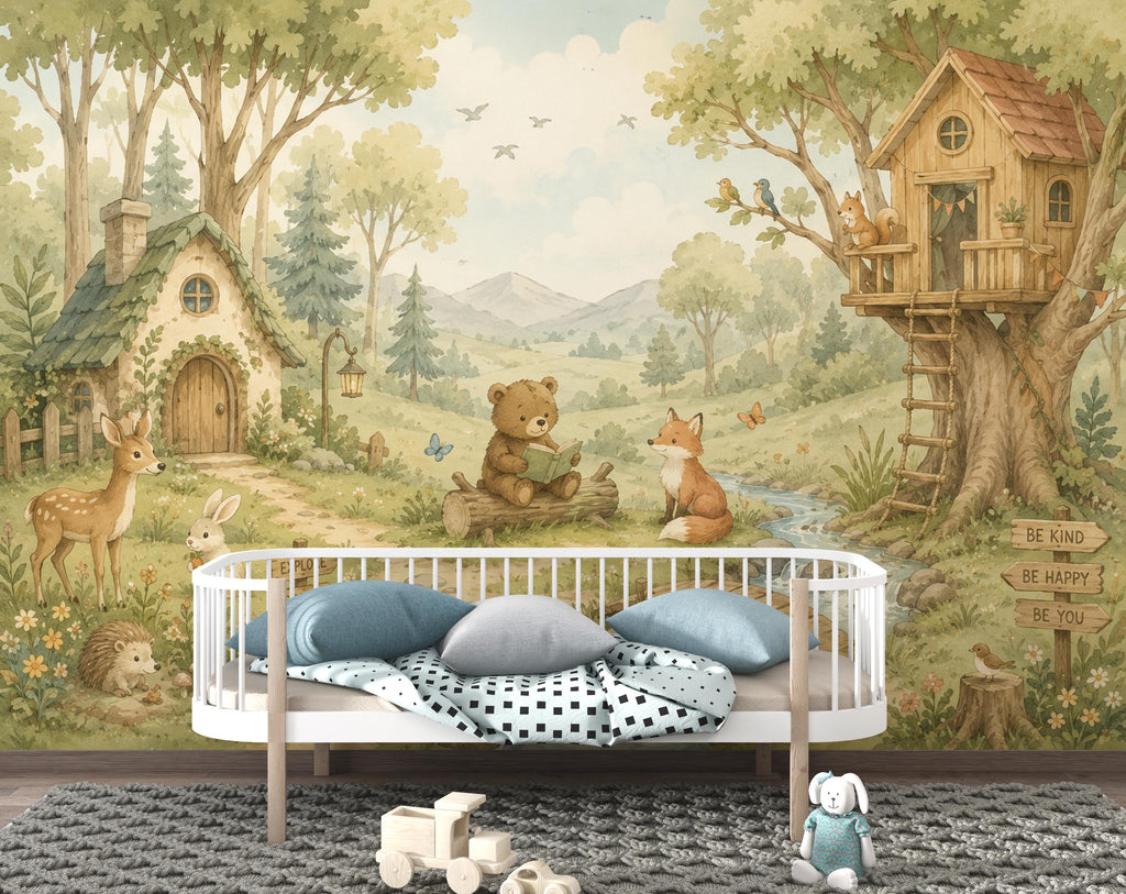 Woodland Nursery Wallpaper Peel and Stick, Forest Animal Wall Mural, Watercolor Kids Room Wallpaper, Whimsical Treehouse Wall Art 835LU