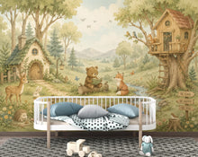 Load image into Gallery viewer, Woodland Nursery Wallpaper Peel and Stick, Forest Animal Wall Mural, Watercolor Kids Room Wallpaper, Whimsical Treehouse Wall Art 835LU