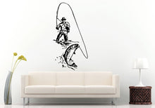 Load image into Gallery viewer, Fishing Fisherman Pike Catching A Fish With A Fishing Poll Wall Decal Vinyl Sticker Mural Room Decor L845