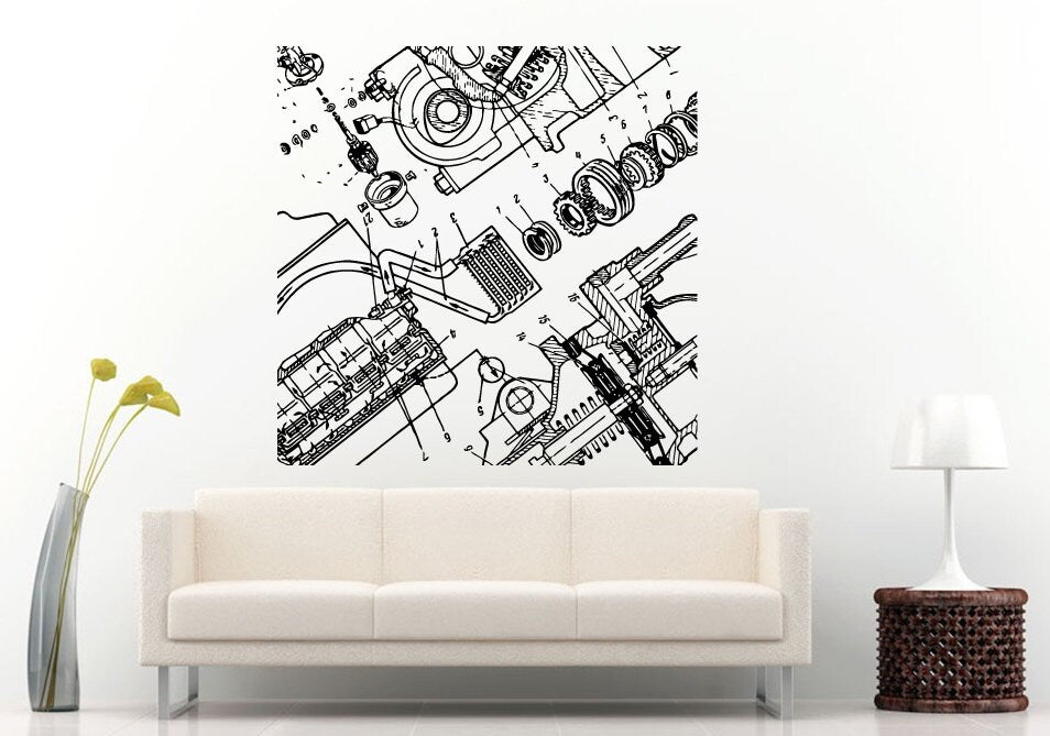 Car Vehicle Automobile Engine Motor Parts Blueprint Wall Decal Vinyl Sticker Mural Room Decor L847