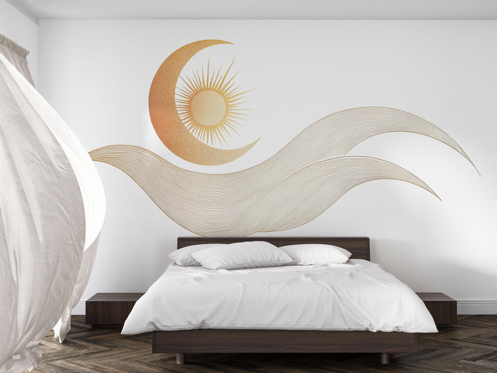 Boho Sun Moon Wall Decal Yoga Studio Wall Art Minimalist Celestial Vinyl Sticker Zen Wellness Decor Modern Meditation Mural