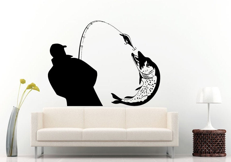 Fishing Fisherman Pike Catching A Fish With A Fishing Poll Wall Decal Vinyl Sticker Mural Room Decor L842