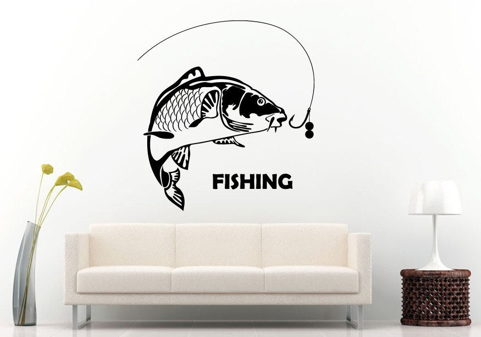 Fishing Fisherman Pike Catching A Fish With A Fishing Poll Carp Fish Wall Decal Vinyl Sticker Mural Room Decor L844