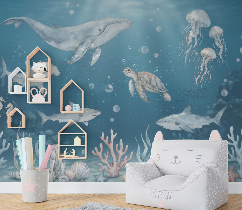 Ocean Animals Nursery Wallpaper - Watercolor Sea Creatures - Whale Shark Turtle - Soft Blue Kids Room Mural 1139RS