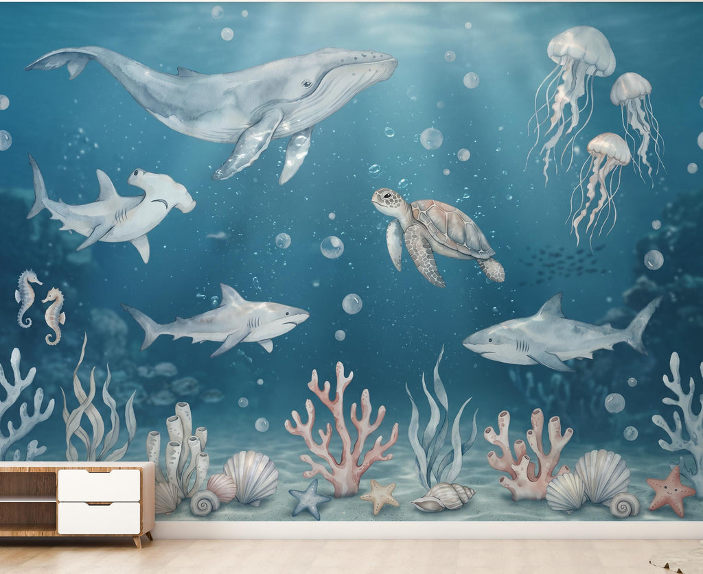 Ocean Animals Nursery Wallpaper - Watercolor Sea Creatures - Whale Shark Turtle - Soft Blue Kids Room Mural 1139RS