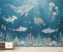 Load image into Gallery viewer, Ocean Animals Nursery Wallpaper - Watercolor Sea Creatures - Whale Shark Turtle - Soft Blue Kids Room Mural 1139RS