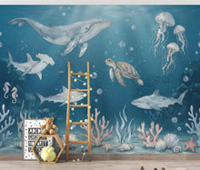 Load image into Gallery viewer, Ocean Animals Nursery Wallpaper - Watercolor Sea Creatures - Whale Shark Turtle - Soft Blue Kids Room Mural 1139RS