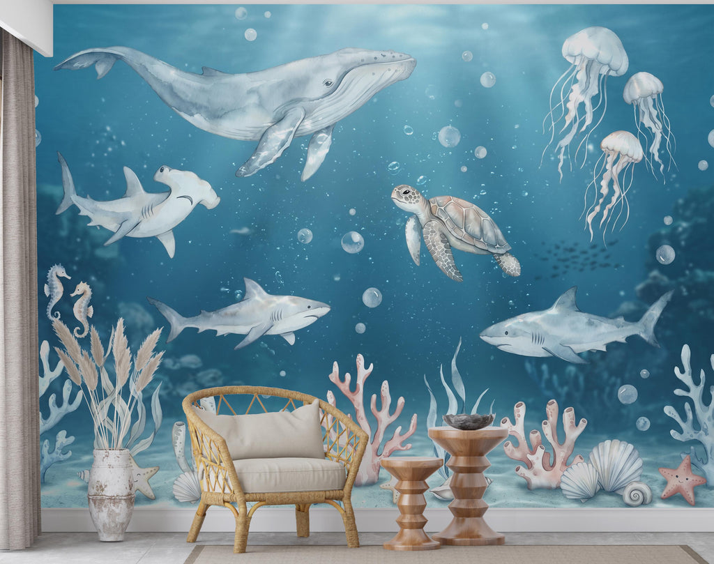 Ocean Animals Nursery Wallpaper - Watercolor Sea Creatures - Whale Shark Turtle - Soft Blue Kids Room Mural 1139RS