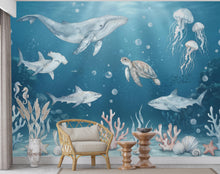 Load image into Gallery viewer, Ocean Animals Nursery Wallpaper - Watercolor Sea Creatures - Whale Shark Turtle - Soft Blue Kids Room Mural 1139RS