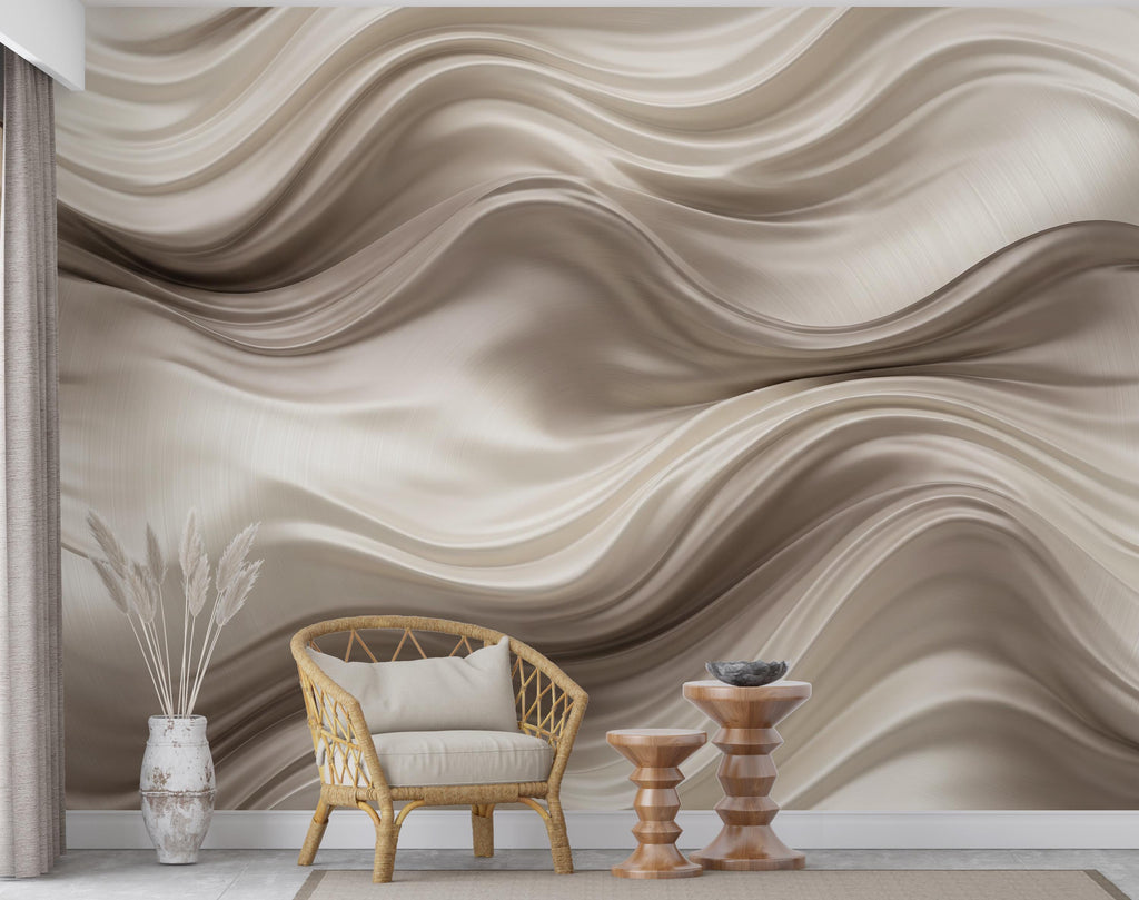3D Wave Wallpaper - Abstract Flowing Fabric - Luxury Sculptural Texture - Modern Minimalist Neutral Mural 1141RS