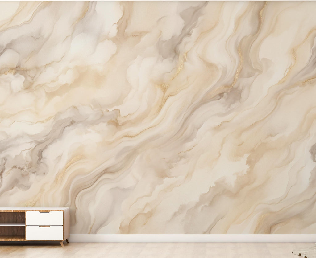 Abstract Marble Wallpaper - Soft Cream Beige Swirl - Watercolor Stone Texture - Neutral Minimalist Mural 1140RS