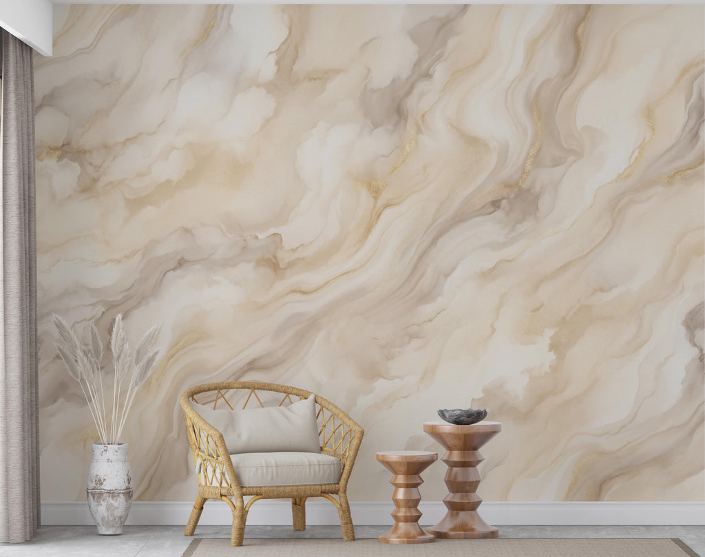 Abstract Marble Wallpaper - Soft Cream Beige Swirl - Watercolor Stone Texture - Neutral Minimalist Mural 1140RS
