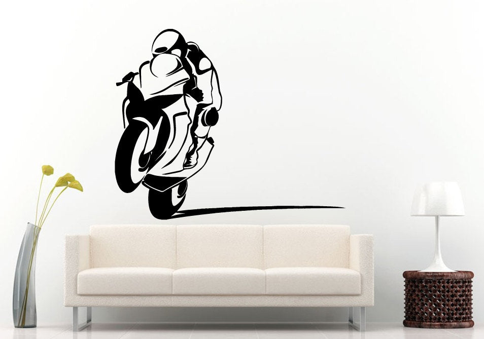 Motorcycle Sport Custom Crotch Rocket Racing Motorbike Bike Biker Doing Popping A Wheelie Wall Decal Vinyl Sticker Mural Room Decor L861